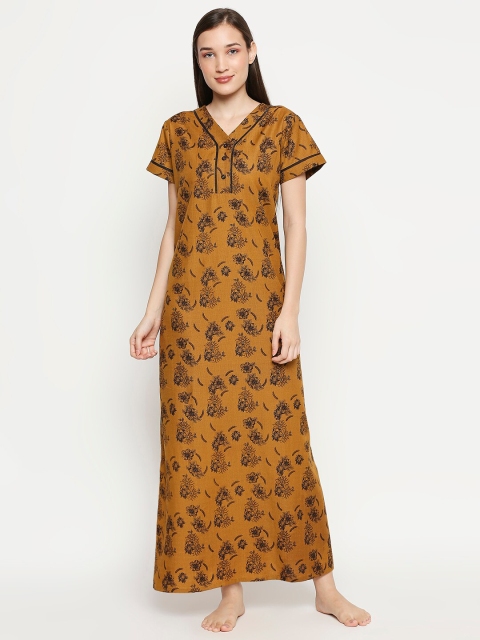 

XIN Women Mustard & Black Floral Printed Night Dress