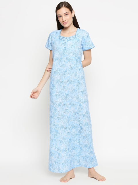 

XIN Women Turquoise Blue & White Floral Printed Night Dress