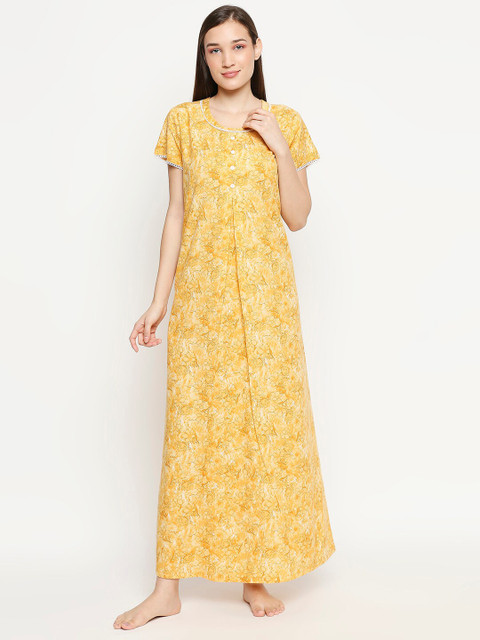 

XIN Women Mustard & White Printed Maxi Nightdress