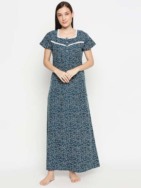 

XIN Women Teal & White Paisley Printed Night Dress
