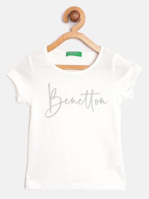 

United Colors of Benetton Girls White Pure Cotton Embossed Brand Logo Printed T-shirt