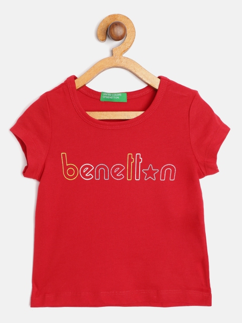 

United Colors of Benetton Girls Red Pure Cotton Brand Logo Printed T-shirt