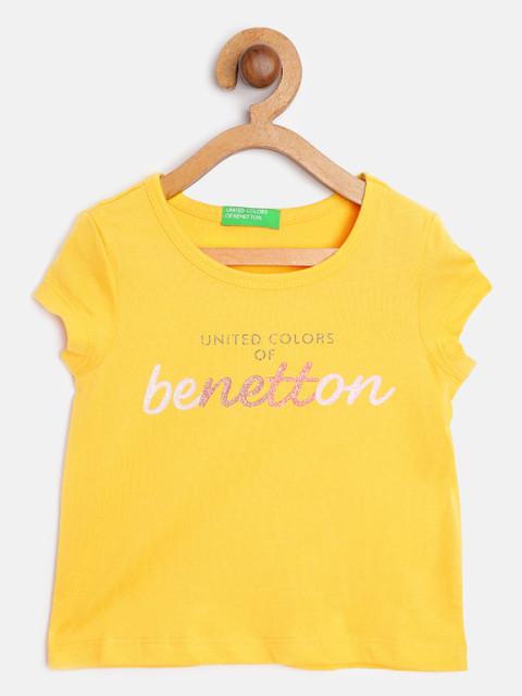

United Colors of Benetton Girls Yellow Brand Logo Printed Pure Cotton T-shirt