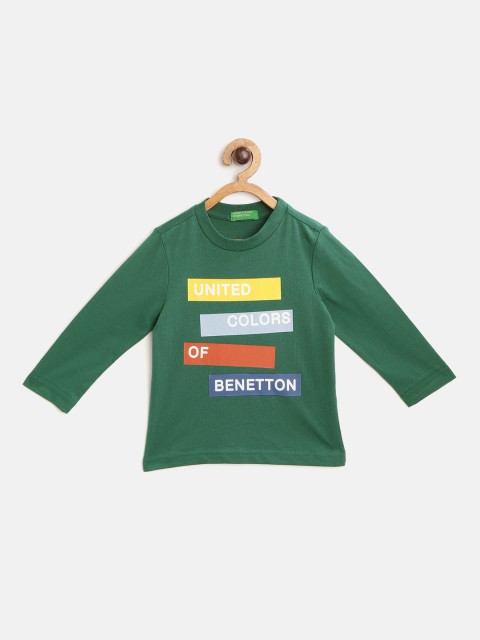 

United Colors of Benetton Boys Green Striped with Brand Name Print Pure Cotton T-shirt