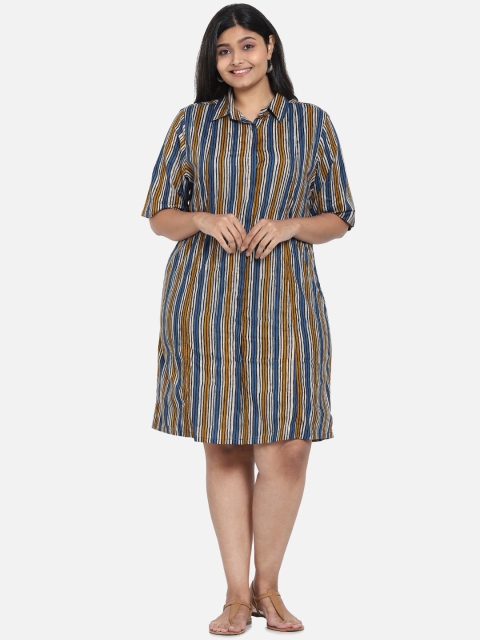 

Bewakoof Women Orange & Blue Striped Shirt Dress