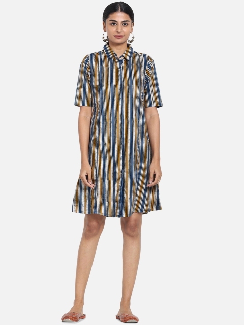 

Bewakoof Women Orange & Blue Striped Shirt Dress