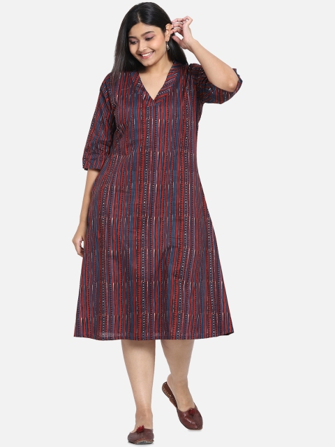 

Bewakoof Women Red & Navy Blue Striped A-Line Midi Dress