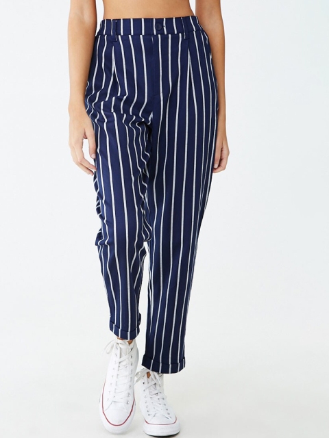 

FOREVER 21 Women Navy Blue Striped Trousers