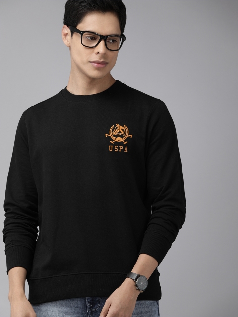 

U.S. Polo Assn. Men Black Solid Pure Cotton Sweatshirt with Embroidered Detail