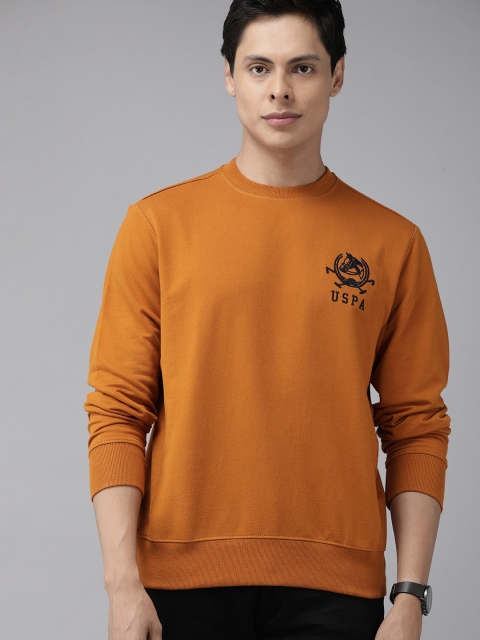 

U.S. Polo Assn. Men Rust Orange Solid Pure Cotton Sweatshirt with Embroidered Detail