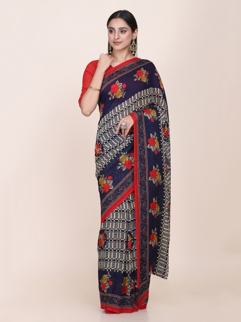 

Shaily Navy Blue & Beige Floral Printed Saree