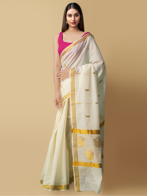 

Unnati Silks Cream & Gold Woven Design Zari Pure Handloom Cotton Sustainable Kasavu Saree