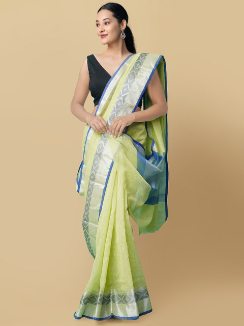 

Unnati Silks Women Lime Green & Blue Woven Designed Chanderi Jute Saree