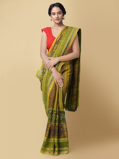 

Unnati Silks Green & Maroon Ethnic Motifs Zari Jute Cotton Sustainable Kasavu Saree