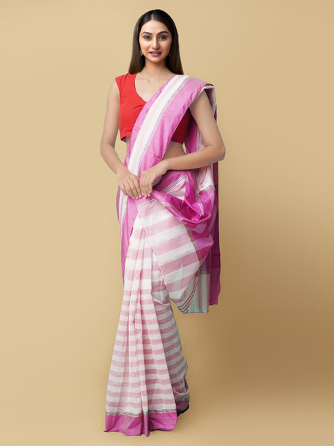 

Unnati Silks Women Off White & Pink Chanderi Sico Saree