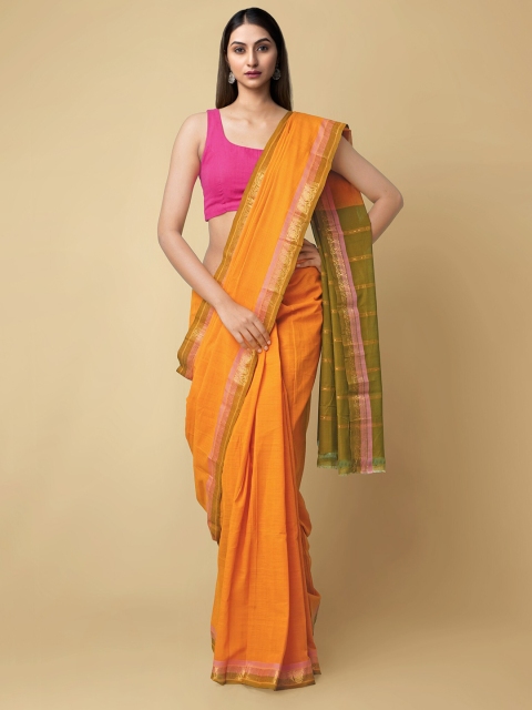 

Unnati Silks Orange & Green Woven Design Pure Cotton Sustainable Venkatgiri Saree