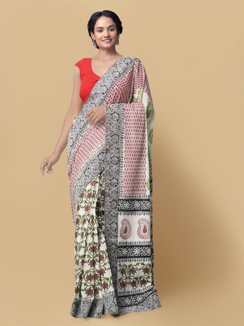 

Unnati Silks Women Cream-Coloured & Green Pure Block Printed Kerala Cotton Sustainable Saree