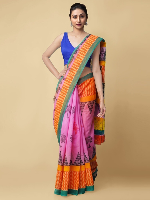 

Unnati Silks Women Pink & Orange Pure Cotton Block Printed Kerala Kasavu Saree
