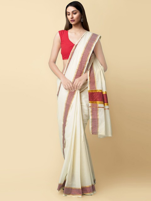 

Unnati Silks Cream-Coloured & Red Zari Pure Cotton Sustainable Kasavu Saree