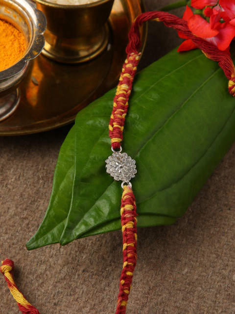 

Sepia Silver-Toned & Red Flower 925 Rakhi With Roli and Akshada
