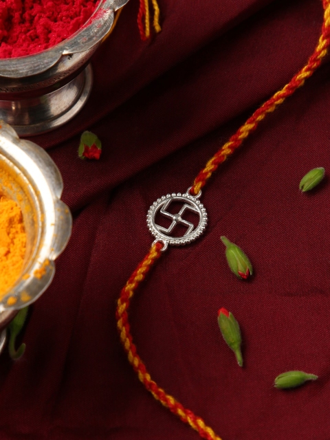 

Sepia Silver-Toned & Red Rakhi With Roli and Akshada