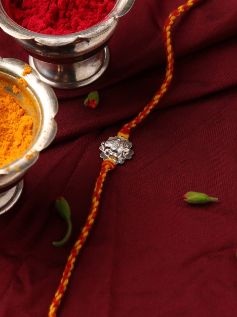 

Sepia Silver-Toned & Red Rakhi With Roli and Akshada