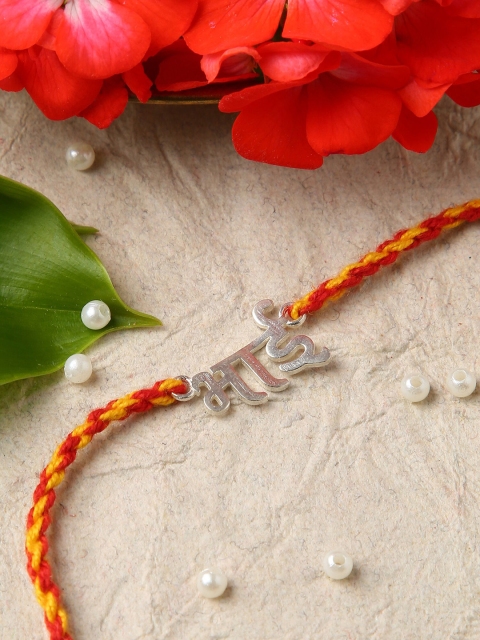 

Sepia Silver-Toned & Red Rakhi With Roli and Akshada