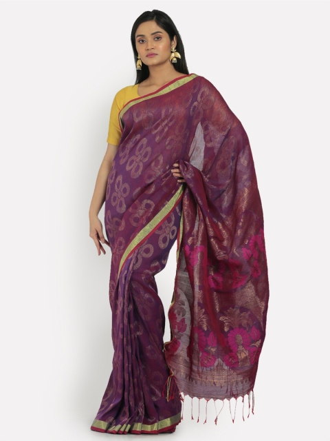 

Aryavart Purple & Magenta Ethnic Motifs Zari Linen Blend Jamdani Saree