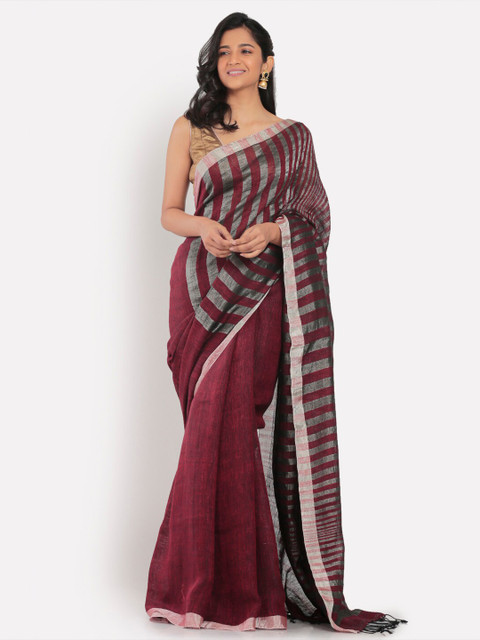 

Aryavart Maroon & Silver Coloured Zari Striped Pure Linen Saree