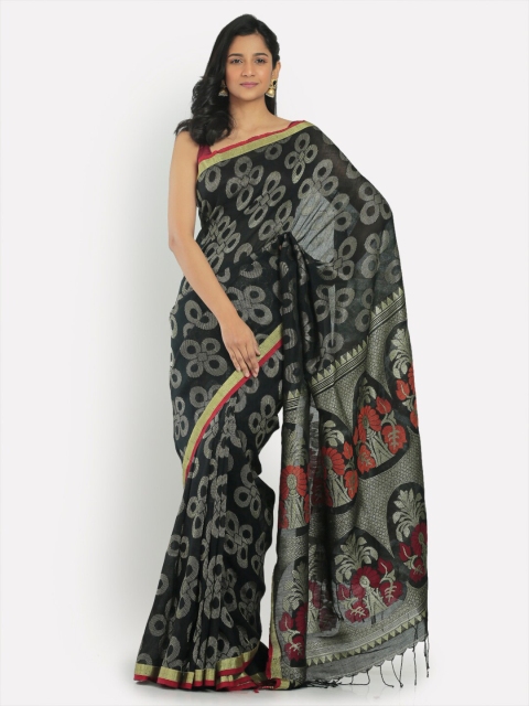 

Aryavart Women Black & Silver Floral Woven Designed Jamdani Saree
