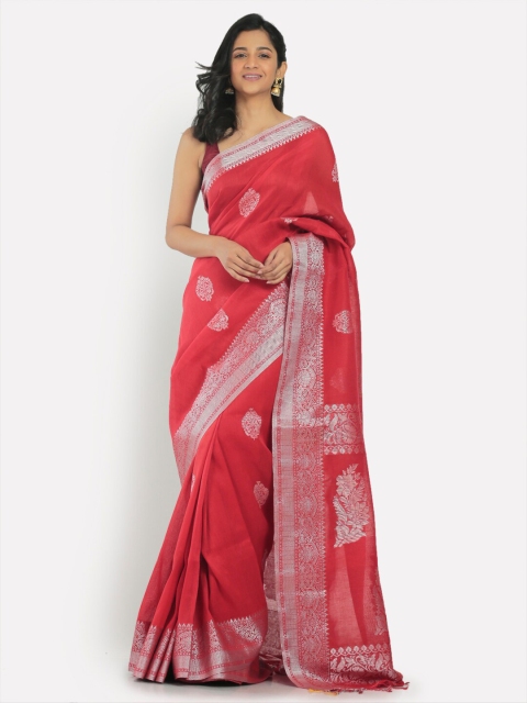 

Aryavart Red & Silver-Toned Ethnic Motifs Zari Linen Cotton Jamdani Saree