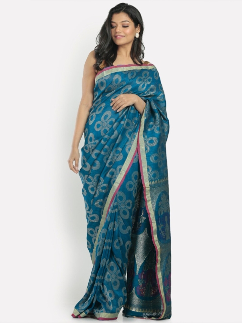 

Aryavart Teal Blue & Gold-Toned Floral Zari Linen Cotton Jamdani Saree