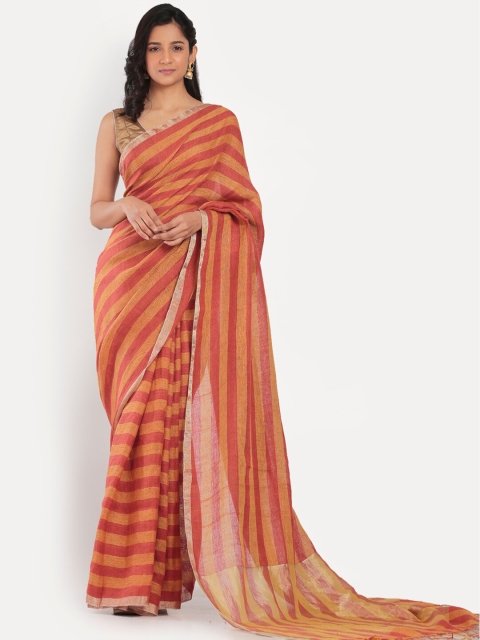 

Aryavart Orange & Beige Striped Zari Linen Blend Saree