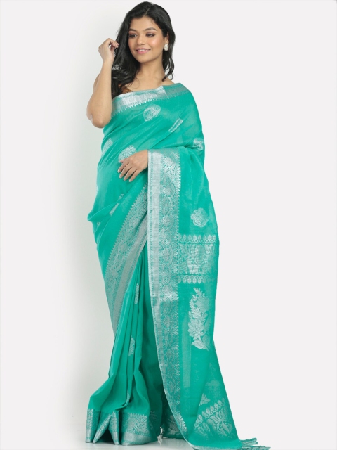 

Aryavart Turquoise Blue & Silver Coloured Ethnic Motifs Jamdani Saree