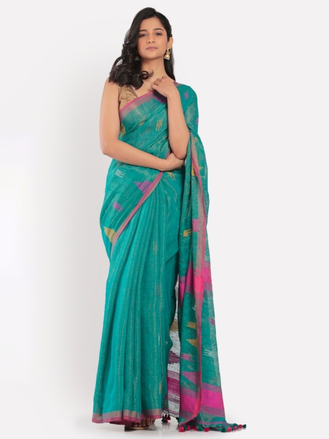 

Aryavart Teal Green & Pink Woven Design Saree