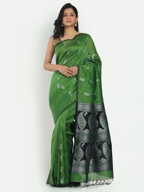 

Aryavart Green & Silver-Coloured Paisley Zari Woven Design Linen Cotton Saree