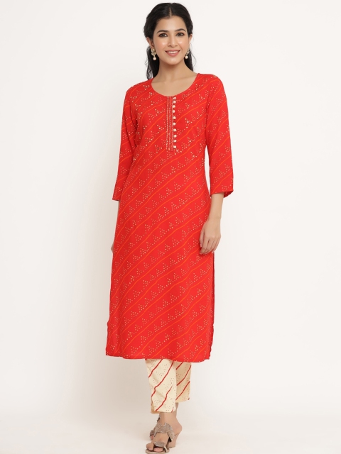 

DIVYANK Women Red Leheriya Printed Kurta with Trousers