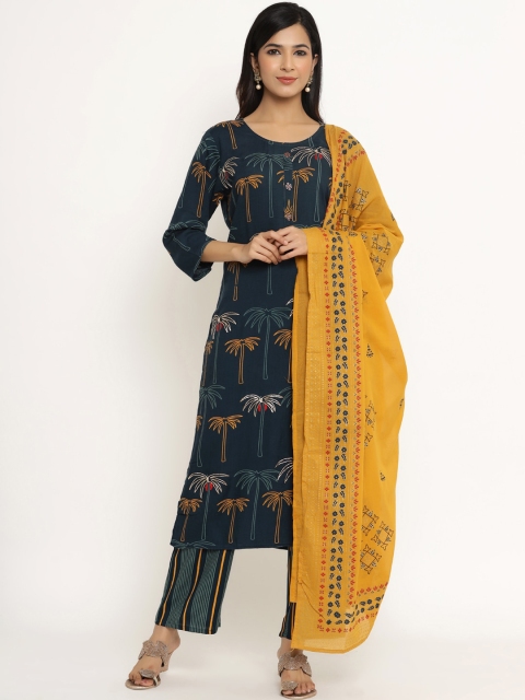 

DIVYANK Women Teal Blue & Yellow Ethnic Motifs Printed Kurta with Trousers & Dupatta