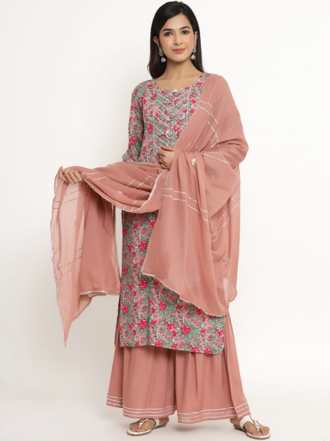 

DIVYANK Women Peach-Coloured Floral Printed Regular Kurta with Sharara & Dupatta