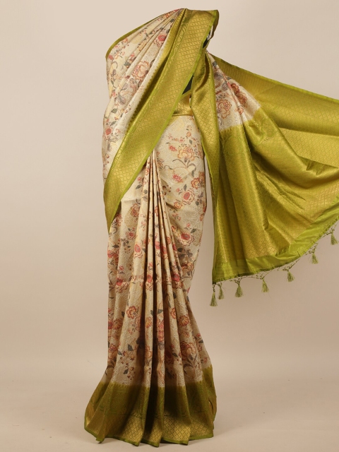 

Pothys Cream-Coloured & Green Floral Silk Blend Saree