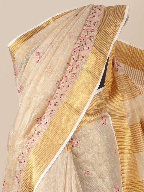 

Pothys Cream-Coloured & Pink Woven Design Sequinned Tissue Saree