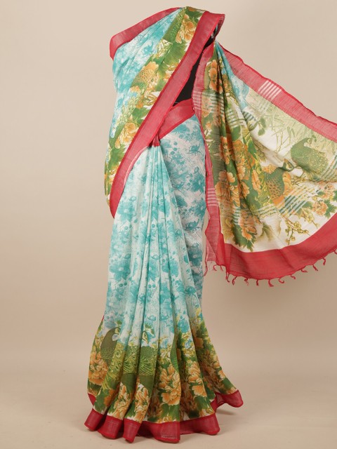 

Pothys Blue & Green Floral Printed Linen Blend Saree