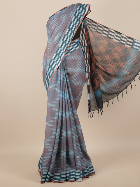 

Pothys Blue & Brown Geometric Printed Linen Blend Saree