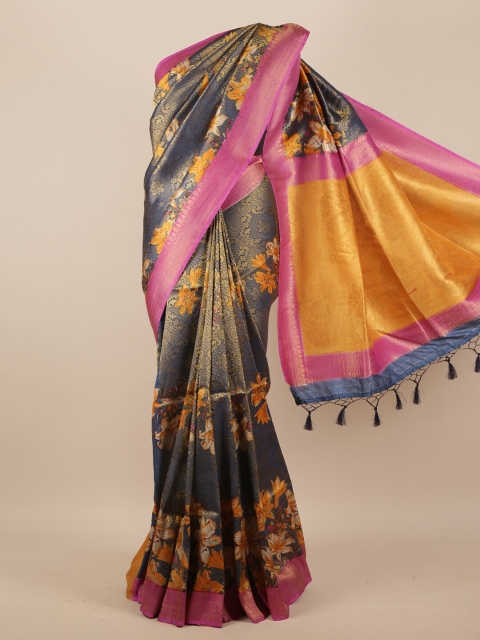 

Pothys Blue & Orange Floral Printed Zari Silk Blend Saree