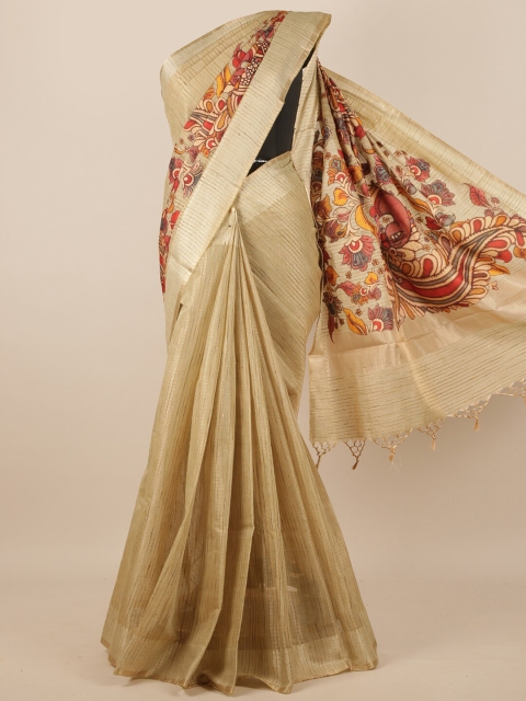 

Pothys Tan & Red Striped Ethnic Motifs Printed Tissue Saree