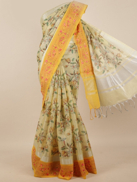 

Pothys Cream-Coloured & Yellow Floral Printed Tissue Saree