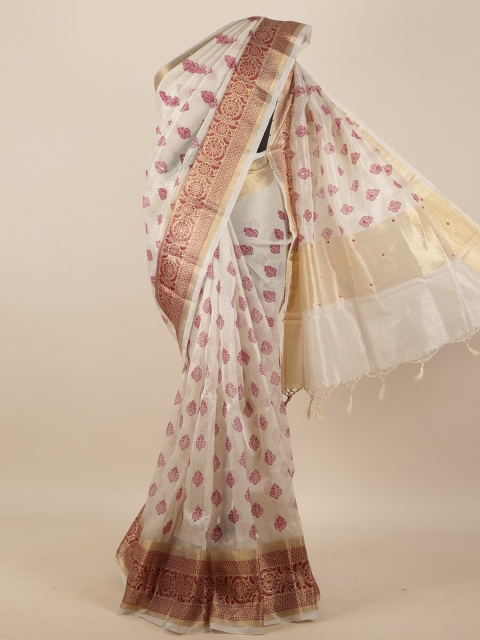 

Pothys Beige & Red Ethnic Motifs Woven Design Tissue Saree