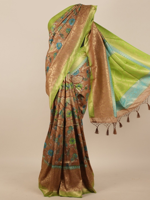 

Pothys Brown & Lime Green Paisley Woven Design Zari Silk Blend Saree
