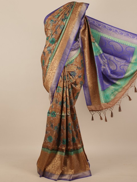 

Pothys Women Brown & Blue Floral Woven Designed Saree