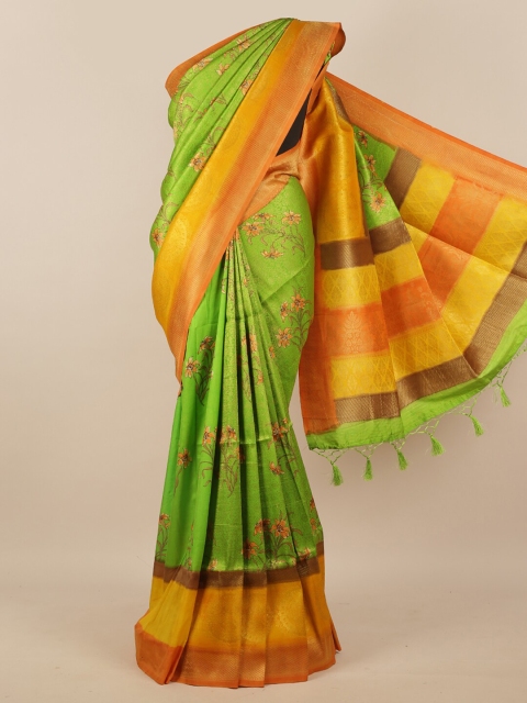 

Pothys Green & Yellow Floral Printed Zari Border Silk Blend Saree